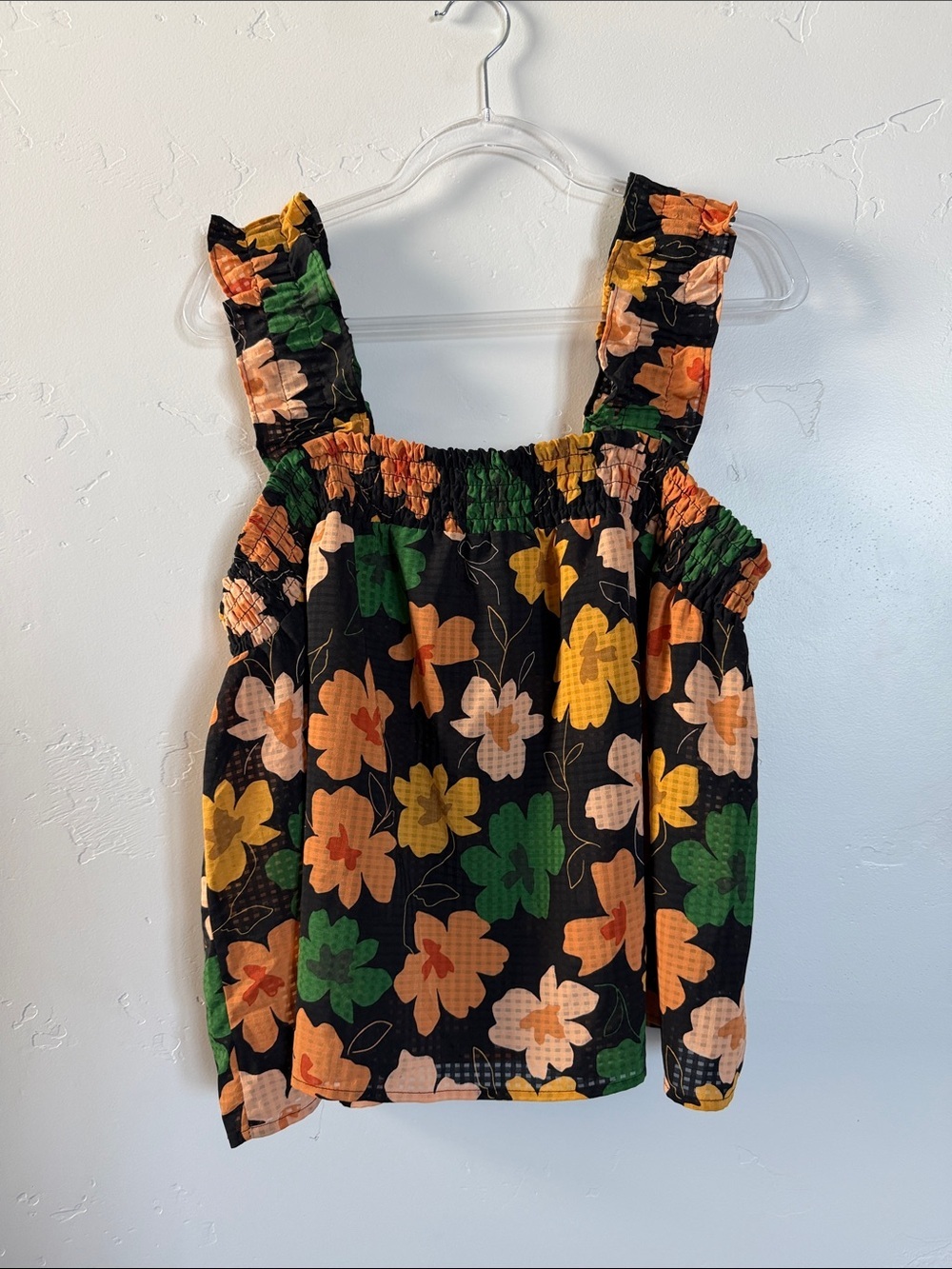 Who What Wear Black Floral Smocked Tank Top with Green & Yellow Flowers - Picture 1 of 8